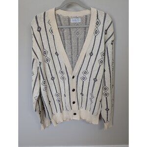 Vintage Mens L Neely Sweater Button Cardigan Cream Grey Geometric Aztec